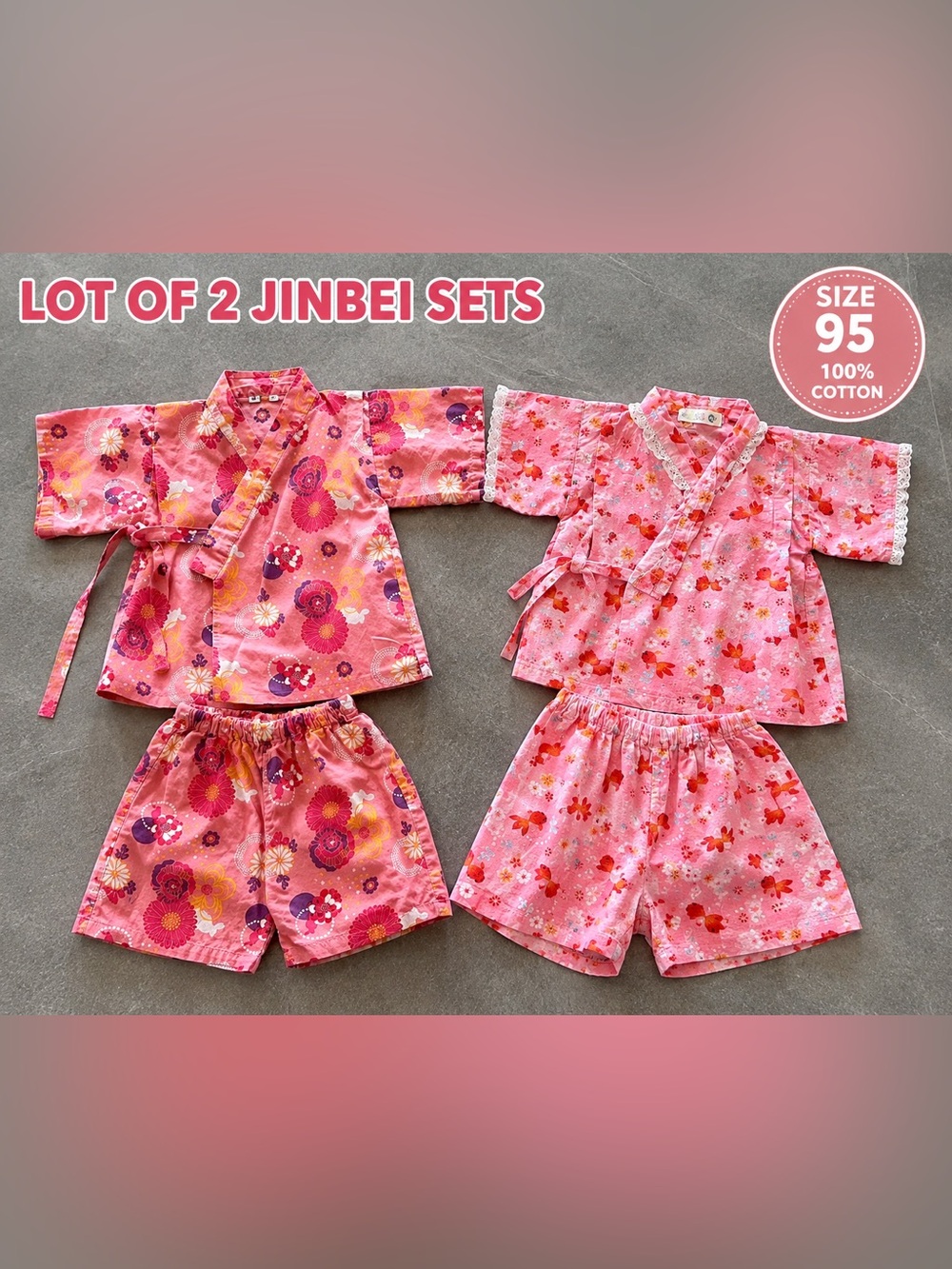 Kids Pink Floral Jinbei Pajama Set - Lot of 2